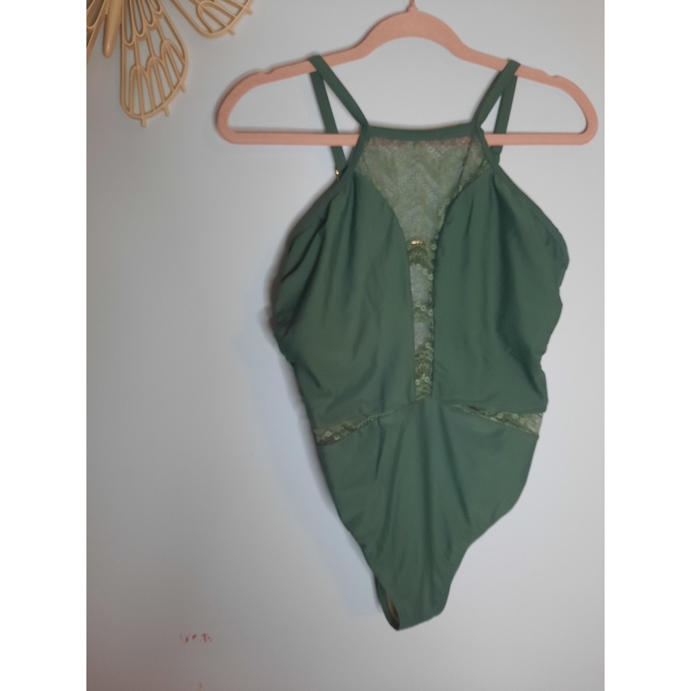 Women's Sz 12/14 Olive Green One Piece Swimsuit, Lace, High-Neck, Summer, Beach